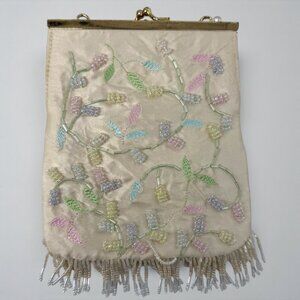 La Regale Ivory Pastel Floral Beaded Bridal Clutch Purse Fringe Evening Bag